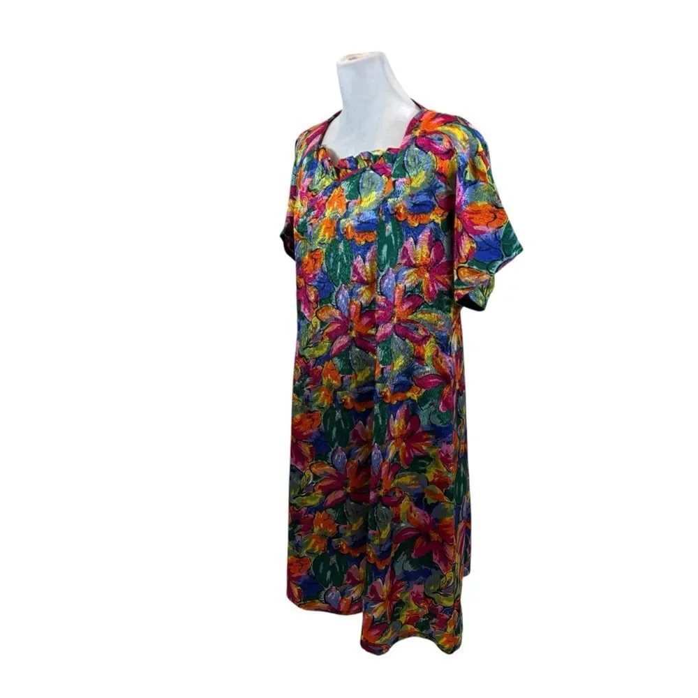 Handmade Vintage Floral Print Ruffle Neck Shift Dress Size Large‎_3